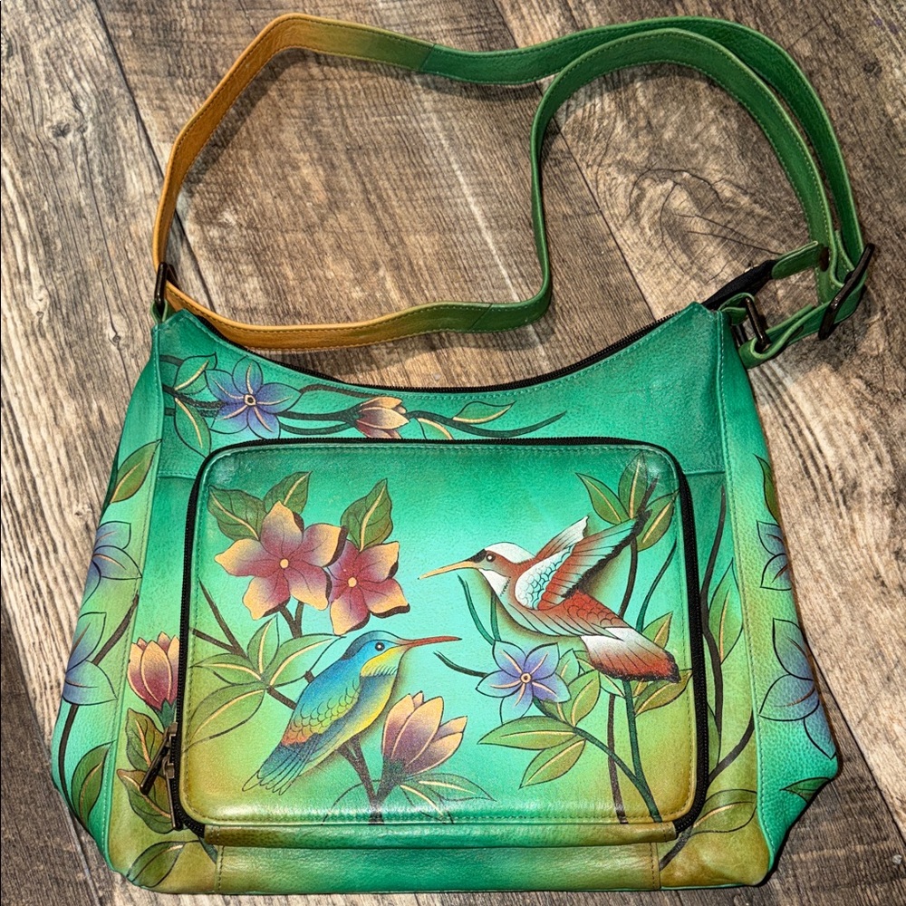 Anuschka Green Hand-Painted Hummingbird Shoulder Bag